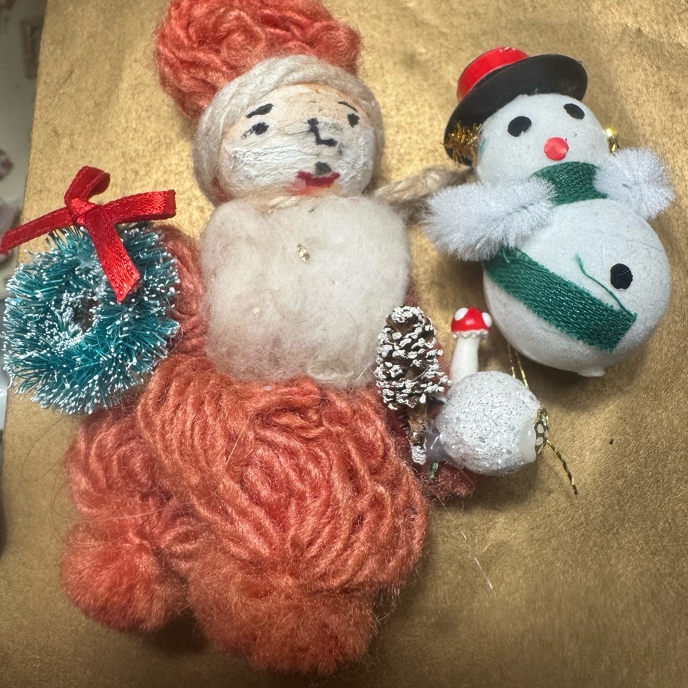 Festive  Vintage Yarn Santa and Snowman Ornaments